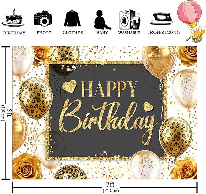 Homewelle Happy Birthday Backdrop 7Wx5H Feet Polyester Fabric Gold Leopard Balloon Love Heart Rose Elegant Flower Confetti Decoration Girly Gold Glitter Photography Background Photo Shoot Props
