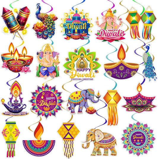 40Pcs Happy Diwali Hanging Swirls Decorations, Deepavali Ceiling Streamer India Festival of Lights Party Hanging Swirls for Home Office Indian Diwali Deepavali Party Decorations