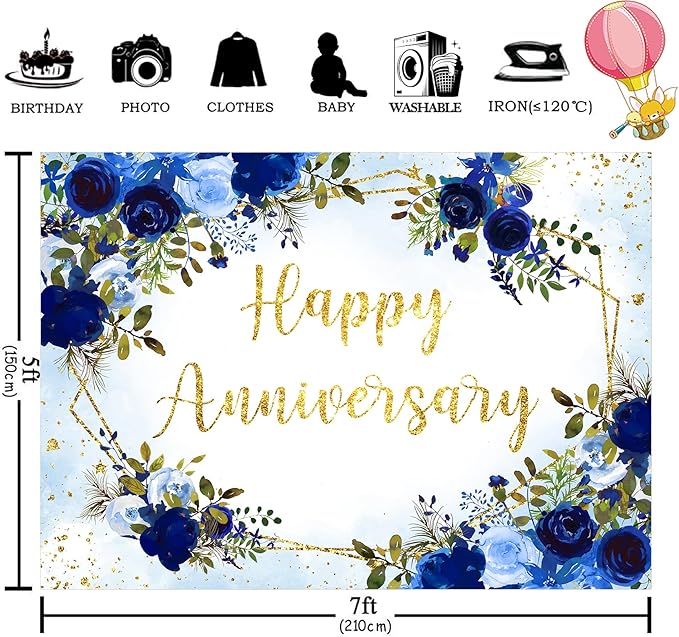 Homewelle Blue Rose Happy Anniversary Backdrop 7Wx5H Feet Polyester Fabric Floral Flower Navy Gold Cheers to Wedding Bridal Women Decoration Valentine's Day Photography Background Photo Shoot Props