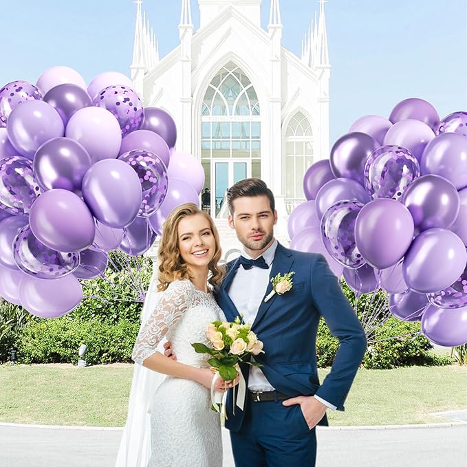 60pcs Lavender Balloons 12inch, Light Purple Balloons with Pastel Metallic Pearl Purple Confetti Balloons for Birthday Baby Shower Wedding Bridal Shower Party Decorations