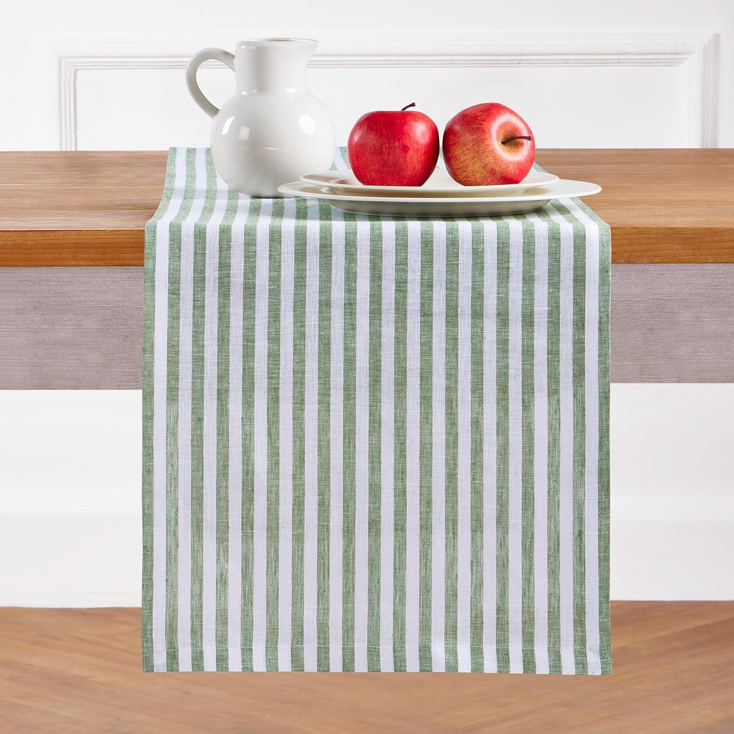 Solino Home Linen Table Runner 156 Inches Long - Amalfi Stripe, 100% Pure Linen Green and White Table Runner 14 x 156 Inch for Dining