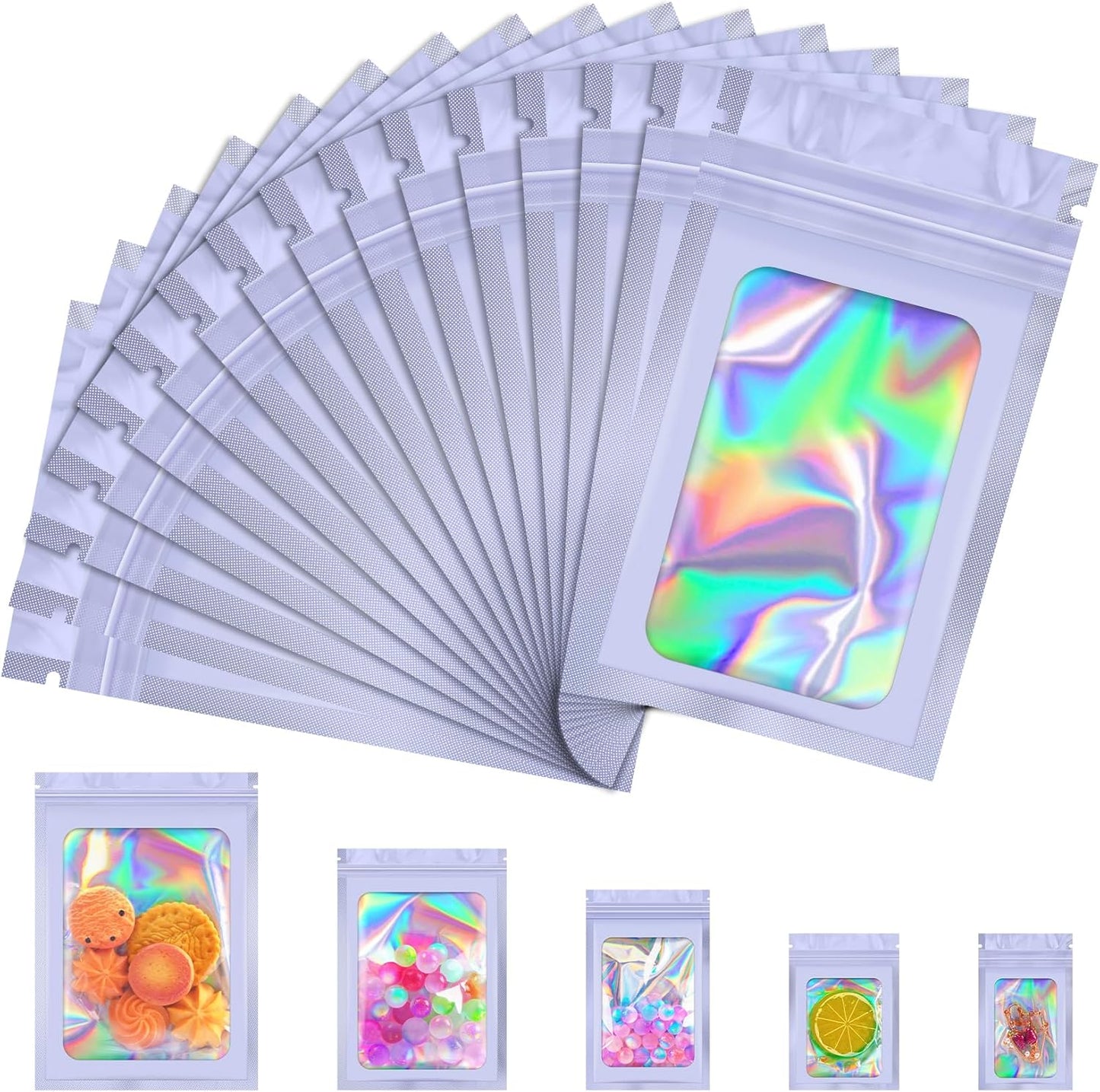 100 Pcs Mylar Bags, Smell Proof Bags Foil Pouch, Holographic Resealable Bags for Small Business, Candy Sample Jewelry Bag Sealable Packaging for Party Favor Food Storage (2.8x3.9in-Purple)