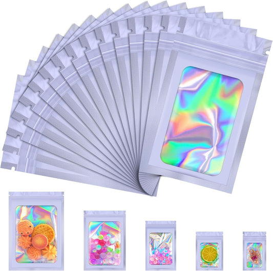100 Pcs Mylar Bags, Smell Proof Bags Foil Pouch, Holographic Resealable Bags for Small Business, Candy Sample Jewelry Bag Sealable Packaging for Party Favor Food Storage (2.8x3.9in-Purple)