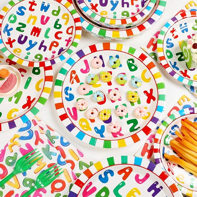 OBUSATT 96Pcs Alphabet Party Supplies ABC Birthday Paper Plates Napkins ABC Back to Party Decorations Early Dinnerware Tableware Favor Serves 24