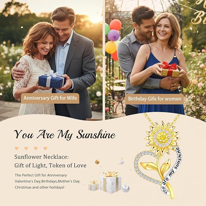 Valentine's Day Gift for Her-18k Gold Plated Sunflower Necklace for Women Wife Anniversary Birthday Gifts for Wife Her You Are My Sunshine Pendant Necklaces Gold Jewelry Gifts for Girlfriend Mom