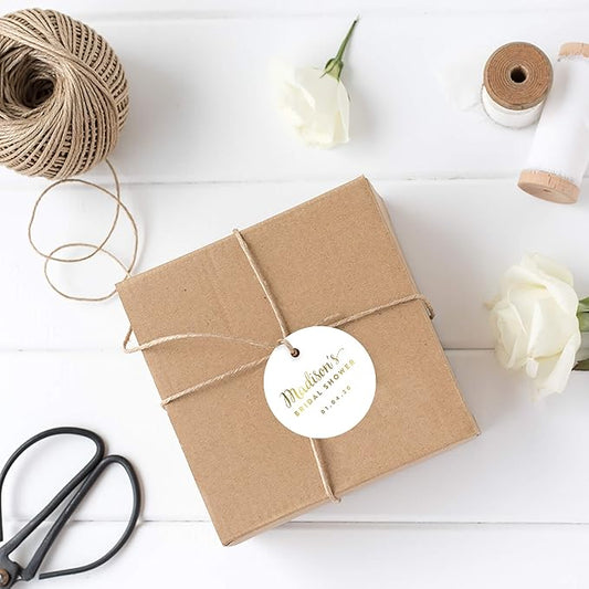 Andaz Press Personalized Round Circle Wedding Gift Tags, Metallic Gold Ink, Bridal Shower, 24-Pack, Custom Made Any Name