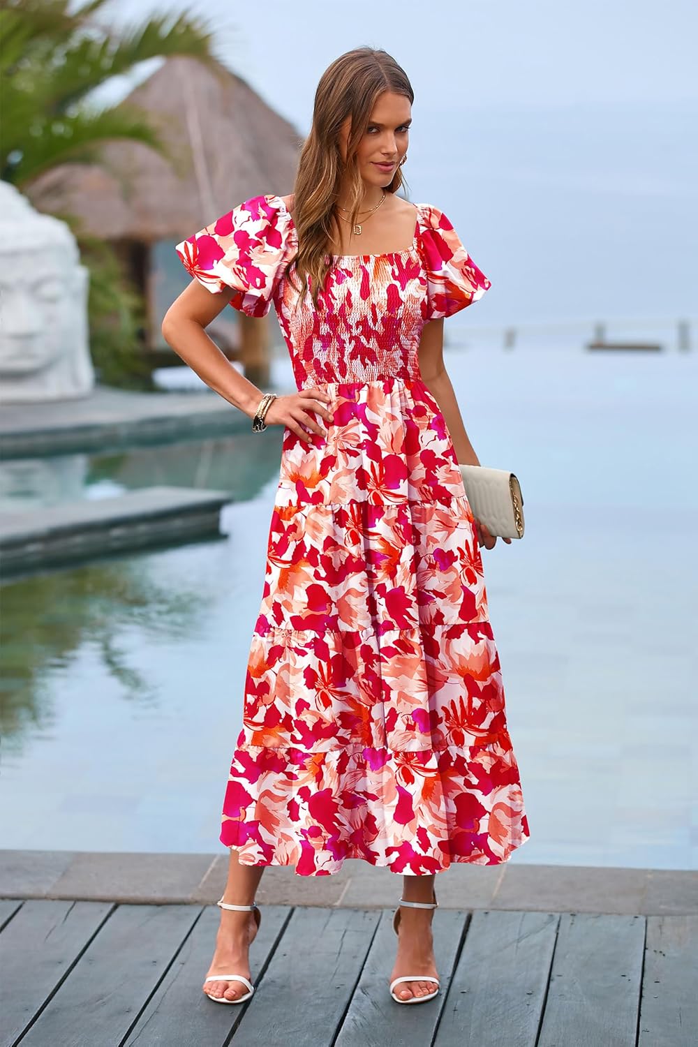 PRETTYGARDEN Women's Casual Summer Midi Dress Puffy Short Sleeve Square Neck Smocked Tiered Ruffle Dresses