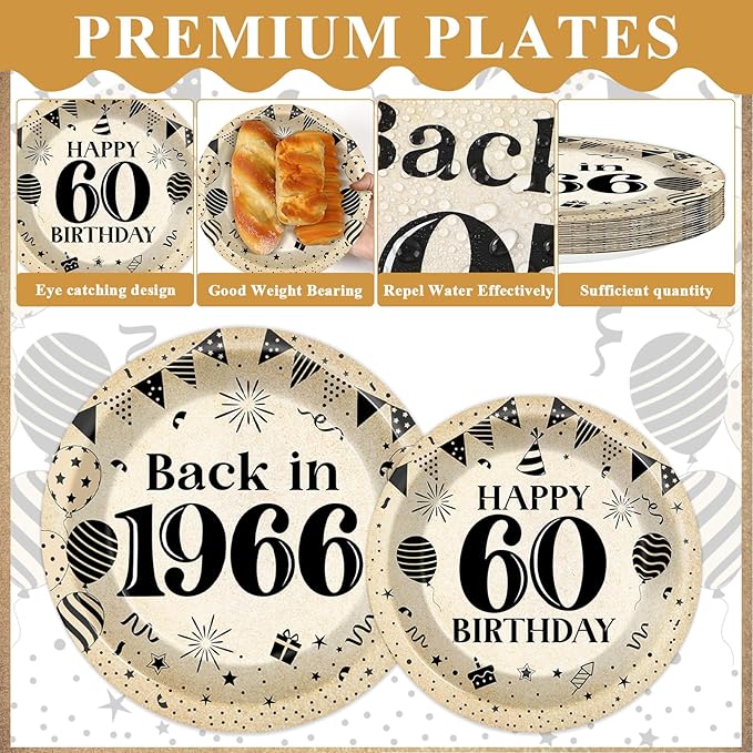 96Pcs 60th Birthday Party Paper Plates and Napkins for Back in 1966 Themed Party Supplies Vintage 60 Year Old Dessert Plates 60th Tableware for Men Women Birthday Gatherings Decorations