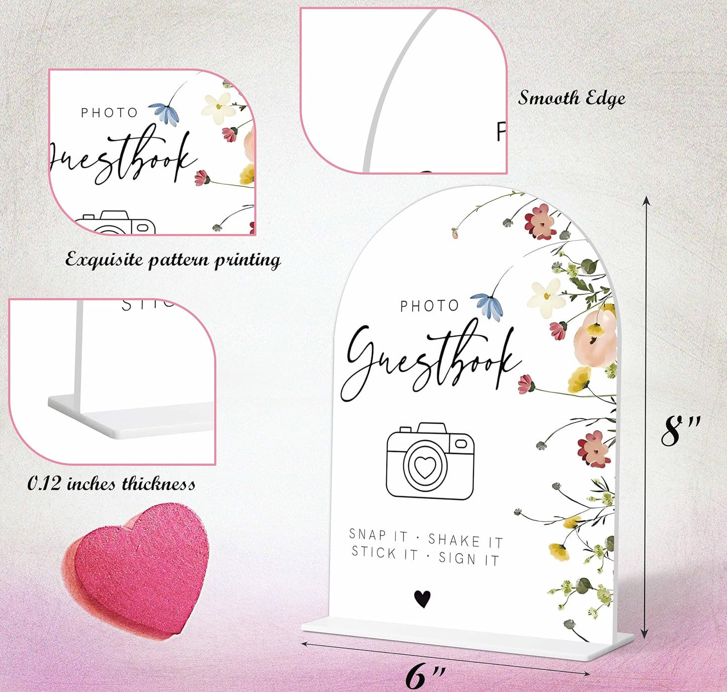 Photo Guest Book Sign, Wedding Guest Book Alternative, Flower Style Bridal Shower Signs for Engagement, Bridal Shower and Reception, Wedding Shower Favors, 6X8 Inch Acrylic Arch Sign with Stand,38