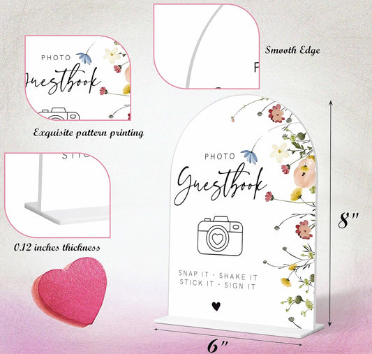 Photo Guest Book Sign, Wedding Guest Book Alternative, Flower Style Bridal Shower Signs for Engagement, Bridal Shower and Reception, Wedding Shower Favors, 6X8 Inch Acrylic Arch Sign with Stand,38