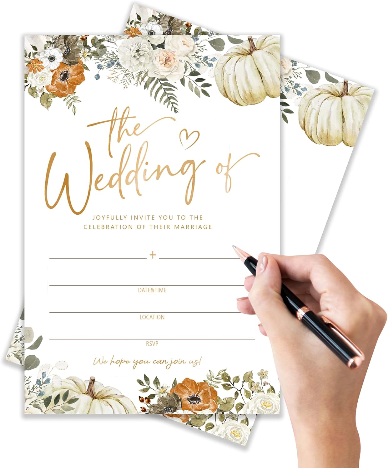 Wedding Invitation Cards with Envelopes Pack of 20 (4"x6") - Autumn Themed Pumpkin Floral Invitations for Wedding.(154)