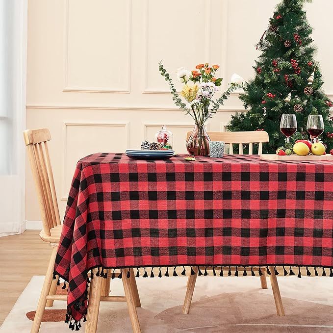 Buffalo Plaid Rectangular Tablecloth-Cotton Gingham Table Cloth for Kitchen Restaurant Farmhouse Christmas Holiday Decor (Rectangle/Oblong, 55x102,Red and Black)