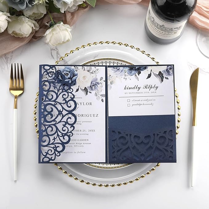 Dark Blue Invitations Envelopes 5x7 Custom Wedding Invitation Cards and Rsvp Cards Birthday Invitations Laser Cut Pocket Hollow Heart Shape for Party Invitations Engagement Sweet 16 Quinceanera 50PCS