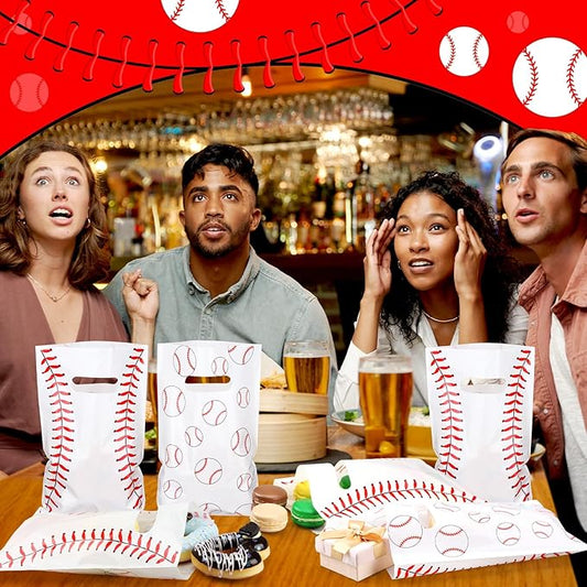 Frienda 100 Pcs Baseball Treat Bags with Handles, White Plastic Baseball Party Favors Bag Baseballs Snacks Bags for Candy Small Gifts, Team Events Birthday and Sports Celebrations Decorations