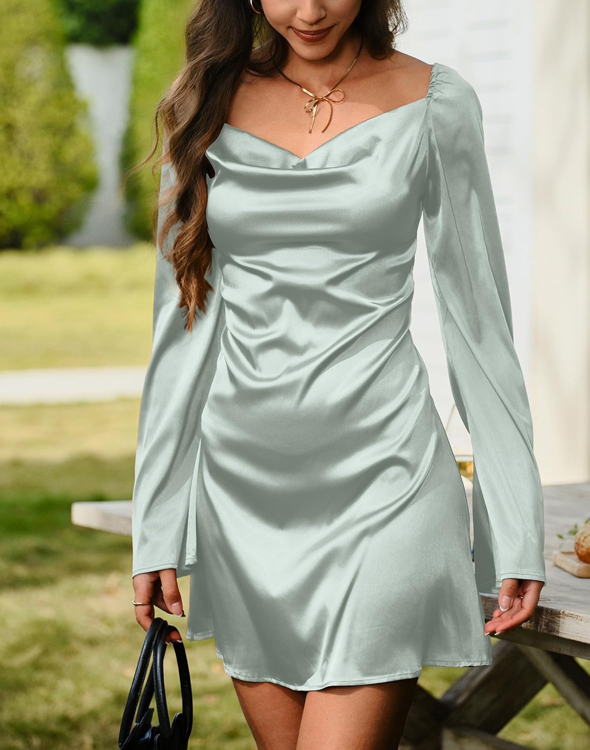 HYPERFIRE Women's Elegant Satin Long Sleeve Cowl Neck Mini Dress Tie Back Cocktail Dress Party Club