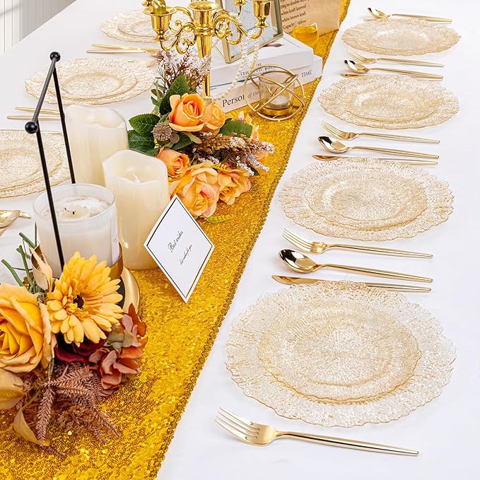 U-QE 60PCS Gold Plates for Party - Gold Plastic Plate Disposable&Reusable - Gold Glitter Heavy Duty Plastic Plates for Party&Wedding Including 30 Dinner 10" & 30 Dessert Plate 7"