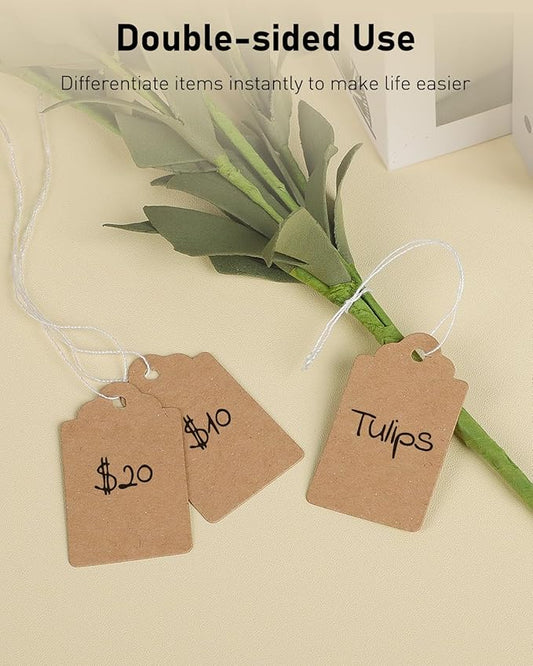 Uniclife 200 Pcs Price Tags with String Attached 1.8 Inch Writable Brown Kraft Paper Tags Hang Tag Price Display Labels for Pricing Clothing Jewelry Blank Merchandise Marking Label, 1.8" x 1"