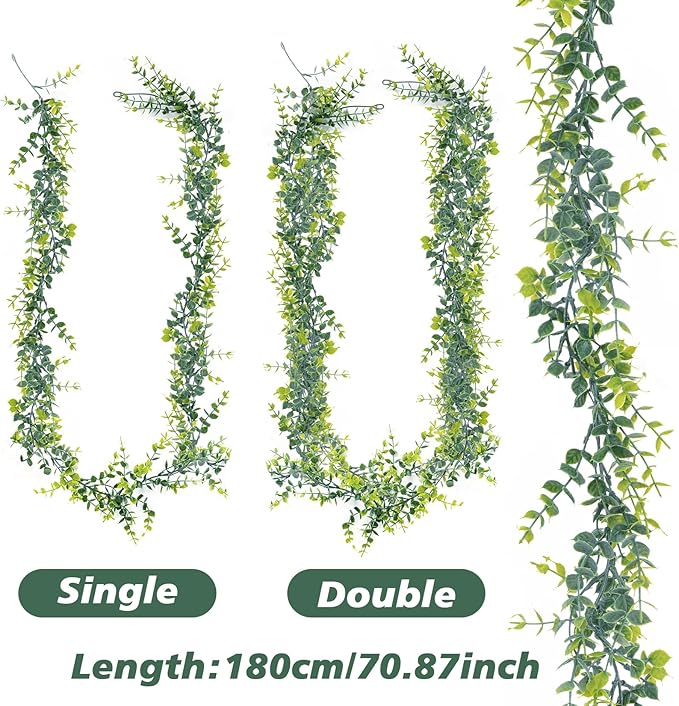 2 Pcs Eucalyptus Garland - Artificial Eucalyptus Vines Garlands Artificial Greenery Garland for Decoration Green Fake Vines for Wedding Backdrop Fireplace Wall Table Porch Staircase Decor