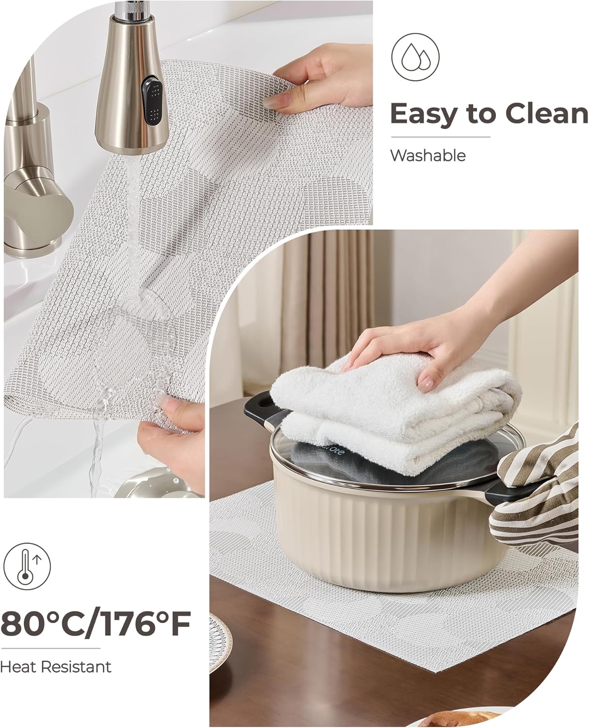 Leetaltree White Placemats Set of 6 - Heat Resistant Non-Slip Place mats for Dining Table, Washable Durable PVC Vinyl Woven Table Mats（White Circle, 6）