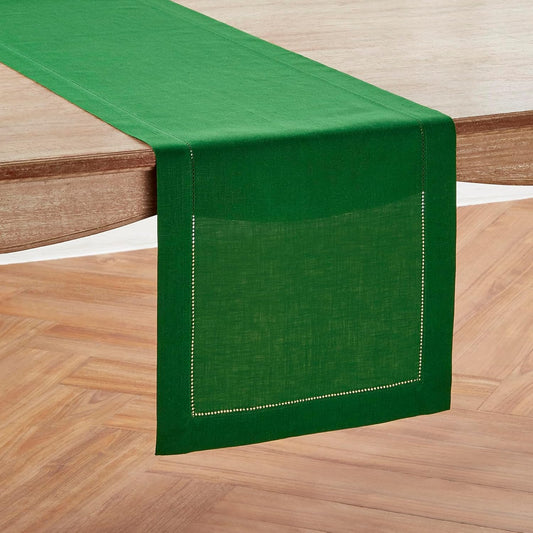 Solino Home Linen Table Runner 60 Inches - 100% Pure Linen Garden Green Hemstitch Table Runner 14 x 60 Inch Ideal for Dresser and Coffee Tables - Classic Hemstitch - Christmas