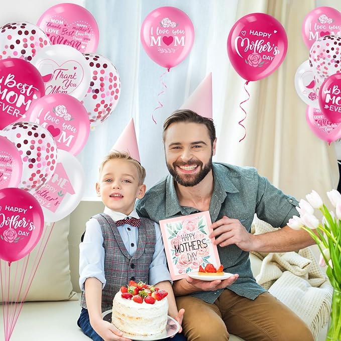 50 Pcs 12inch Happy Mother's Day Balloons Party Decorations Supplies, I Love You Best Mom Ever Thanks Giving Party Latex Balloons for Mother's Day Party Mother Birthday Party Favors
