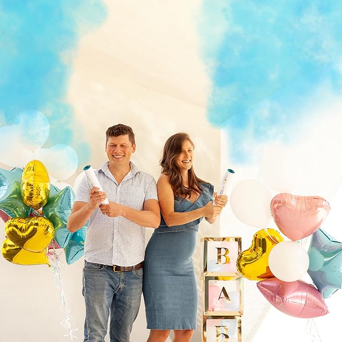PrimePure Gender Reveal Confetti Cannon - Biodegradable Powder Cannon - Blue, 2 Pack - Baby Boy Gender Reveal Smoke Bomb - Blue Baby Powder Party Poppers Confetti Shooters