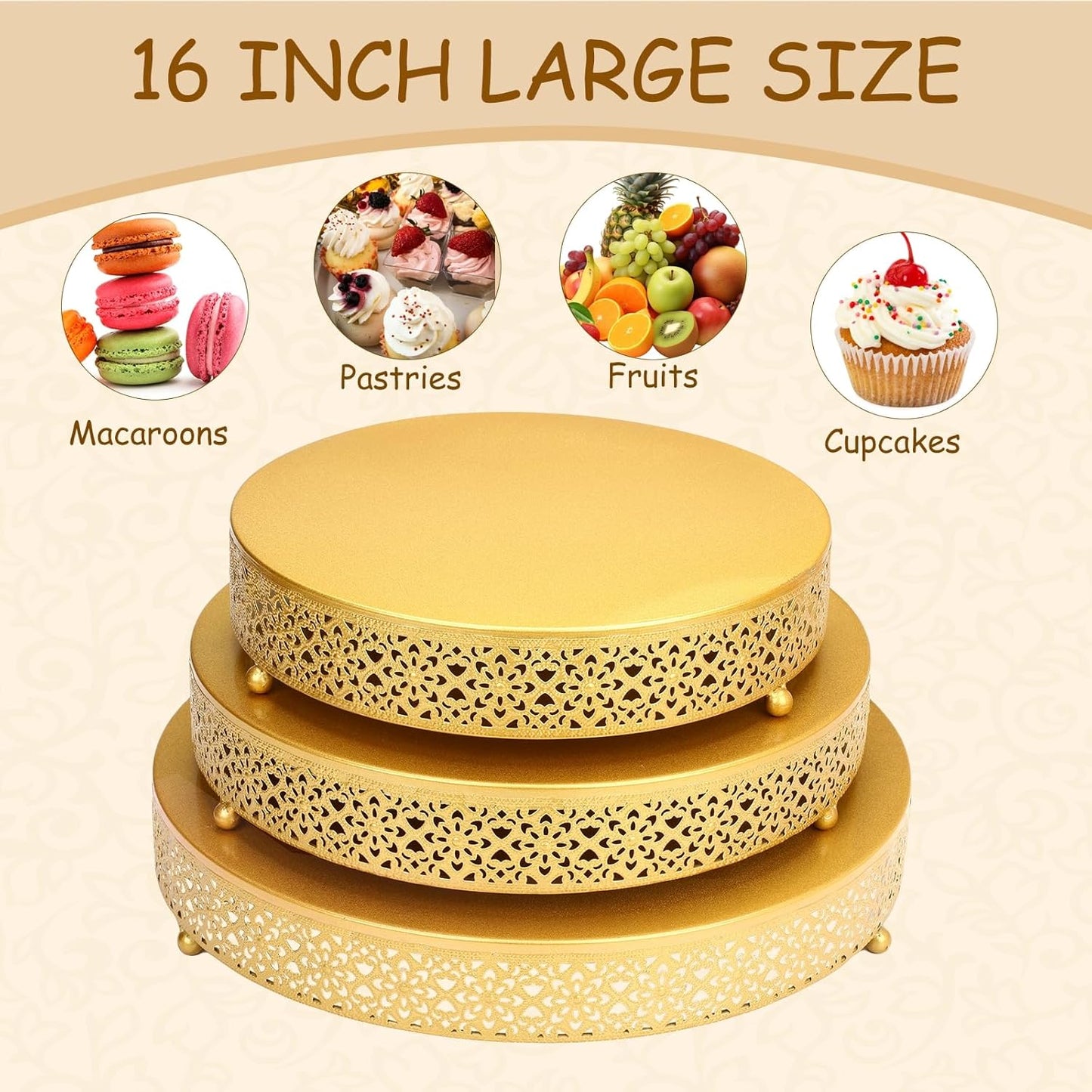 3 Piece Cake Stands Set 16'' 14'' 12'' Round Metal Cake Stands Cupcake Stand Riser Pastry Candy Display Plate for Dessert Table Wedding Event Birthday Anniversary Party (Gold)