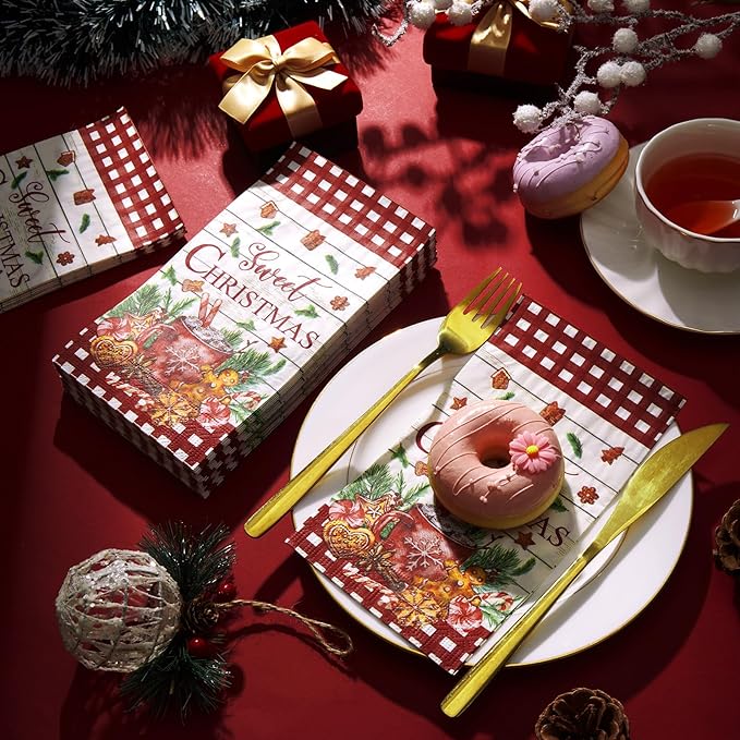 Karenhi 200 Pcs Christmas Gingerbread Napkins 2 Ply Red and White Buffalo Plaid Xmas Paper Napkins Disposable Hand Towel for Bathroom Decorative Napkin Paper Hand Towels Christmas Decorations