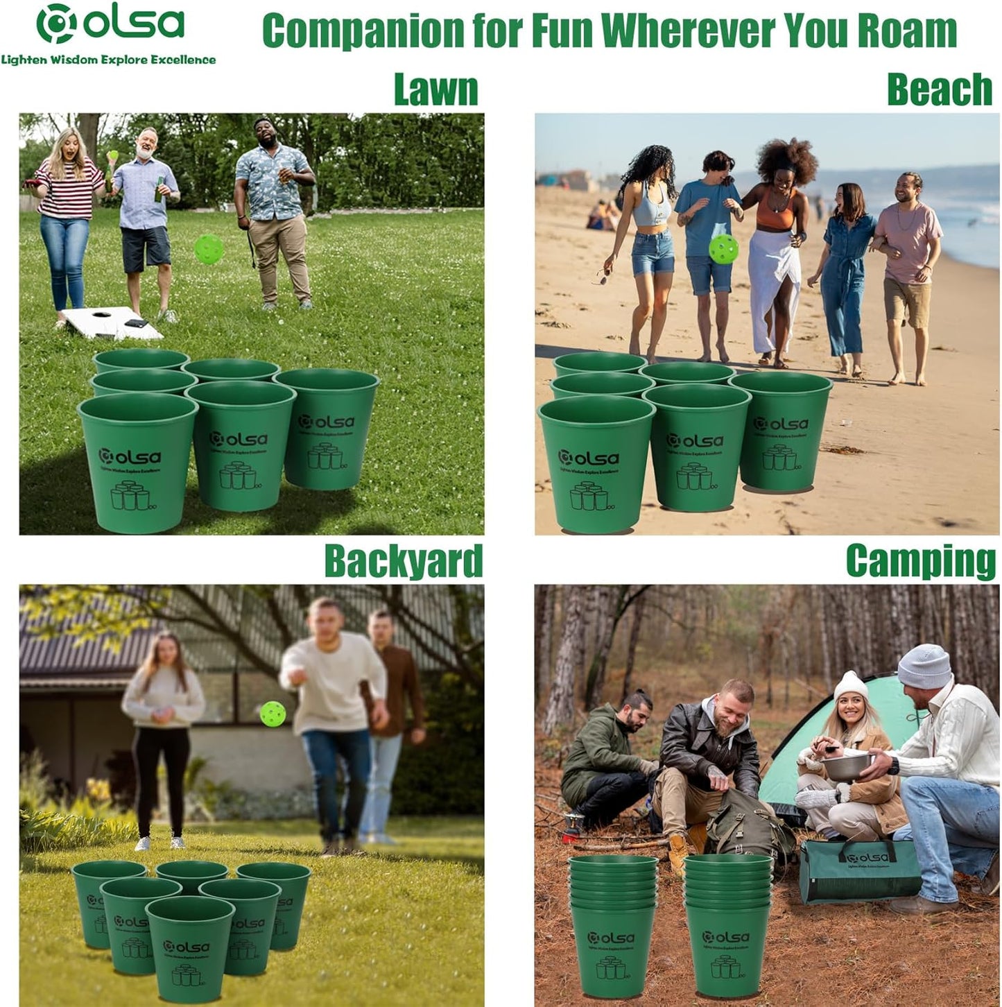 Olsa Yard Pong Outdoor Games, Giant Yard Pong Yard Game with 12 Buckets, Balls, Strength Carrying Bag for Backyard Beach Lawn Park Camping, Toss Outdoor Games for Adults and Family(Green)