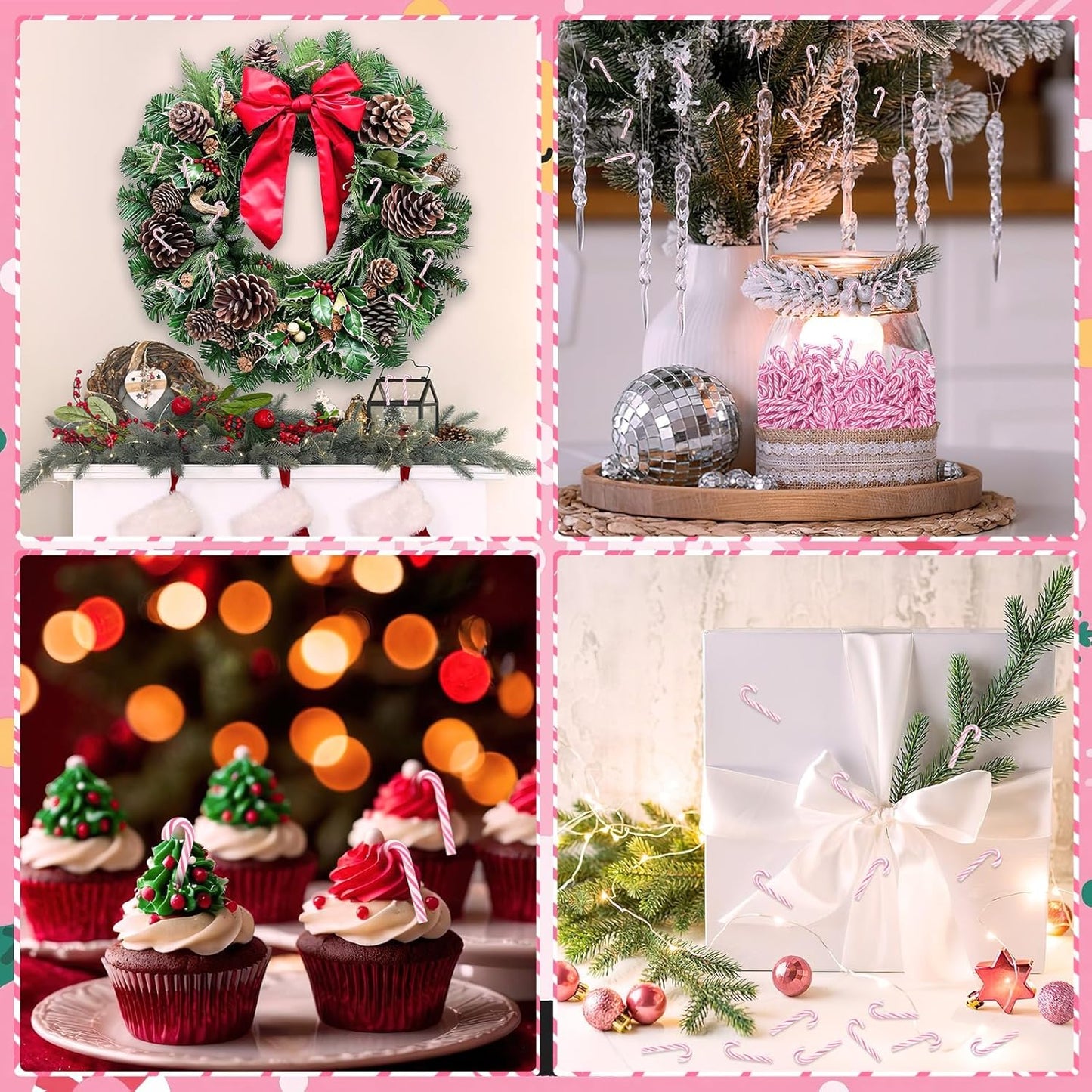 80pcs Mini Christmas Candy Cane for Crafts，Pink Fake Candy Decor Peppermint Ornaments Xmas Table Scatters Pink and White Candy Vase Filler for Decorations Party Favors Supplies