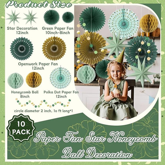 ADLKGG Sage Green Party Decorations, Hanging Paper Fans Circle Garland Paper Lanterns St Patrick's Day Party Supplies, Sage Green Themed Graduation Birthday Wedding Bridal Neutral Baby Shower Decor