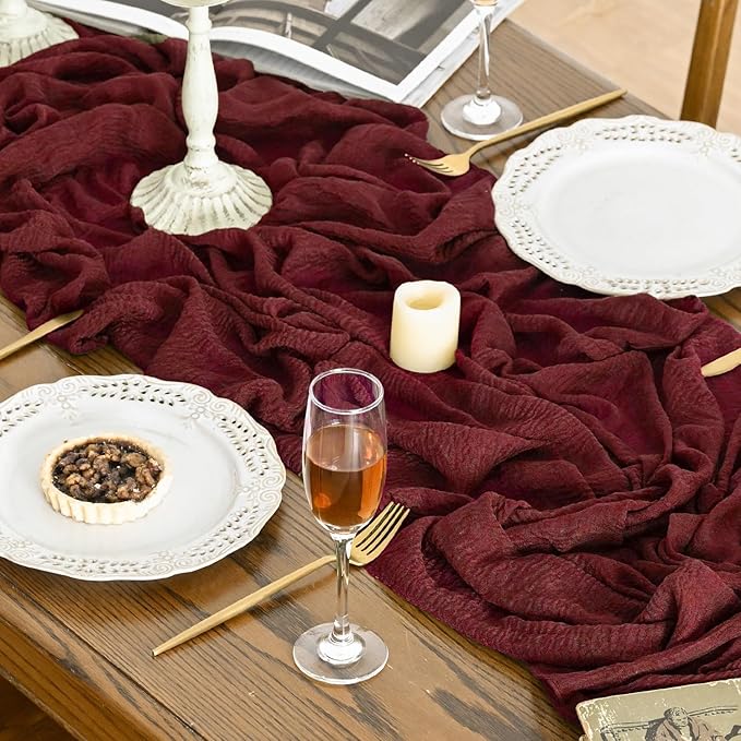 Artoid Mode Boho Cheesecloth Gauze Burgundy Wedding Table Runner, 120 Inch Seasonal Fabric Kitchen Dining Holiday Table Decor for Home Party Indoor