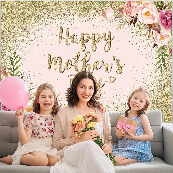 Avezano Glitter Gold Happy Mother's Day Backdrop for Thanks Mother Party Photoshoot Photography Background Blush Pink Golden Glitters Dots Floral Mom's Day Party Decorations Backdrops (10x7ft)