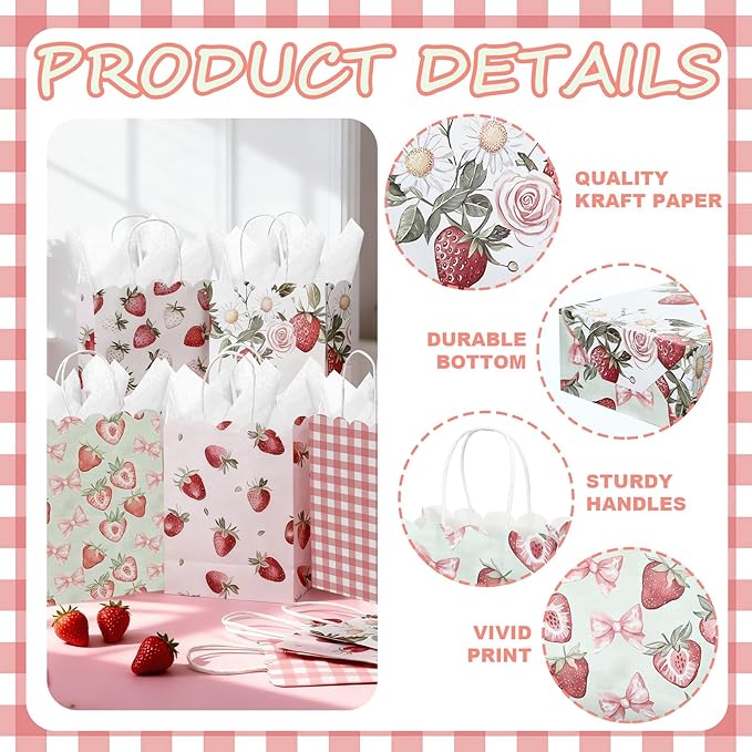 Kolldenn 24 Pcs Strawberry Party Gift Bags with Handles Paper Treat Goodie Bags Scalloped for Birthday Decoration for Bridal Baby Shower Tea Party Supplies