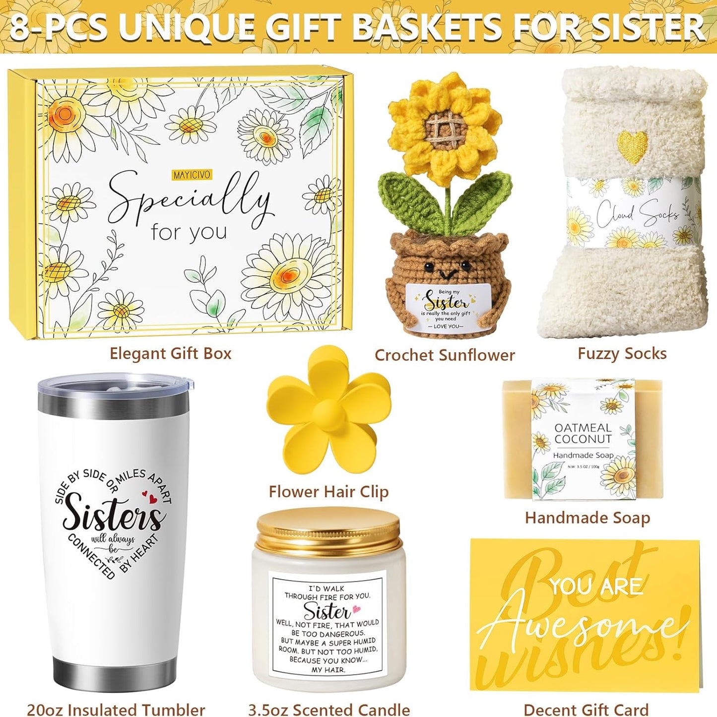 Best Sisters Gifts from Sister, Christmas Gifts for Sisters Birthday Gift Set from Brother, Funny Sister-in-Law Soul Sister Mothers Day Sunflower Gift Basket for Women Best Friends Sis w/ 20Oz Tumbler