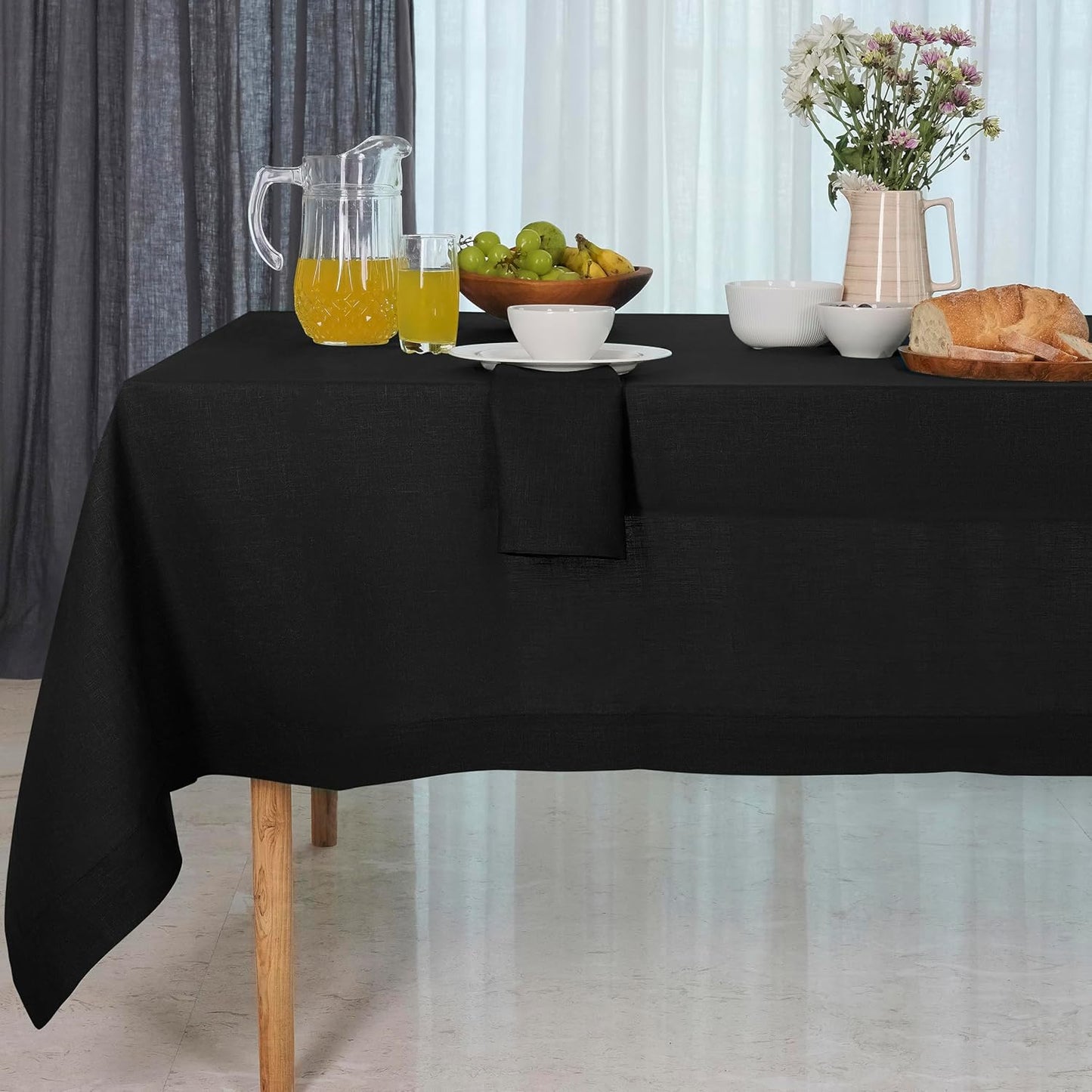 D'Moksha Homes Linen Black Tablecloth 60 x 90 Inch - 100% Pure Linen Rectangular Tablecloth - Machine Washable Table Cloth for Fall, Autumn and Halloween