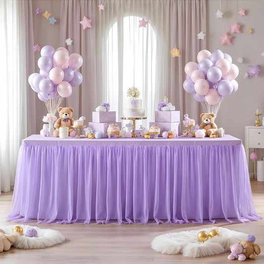 Suppromo 6 Pack 6ft Lavender Tulle Tablecloths for Rectangle Tables 6 Foot Rectangular Table Cloth Wrinkle Free Tablecover with Tutu Skirt for Wedding Baby Shower Birthday Party Banquet Buffet Cake