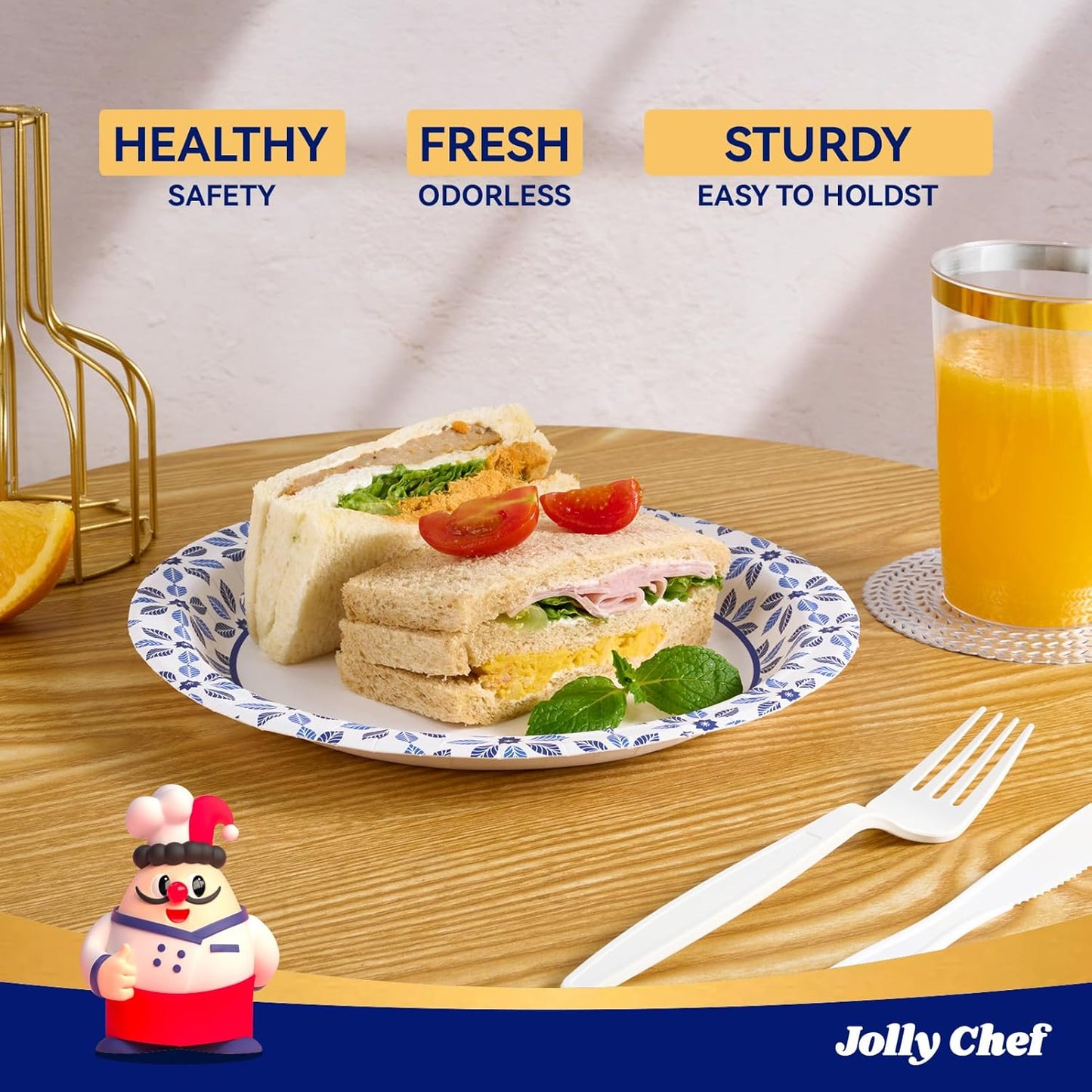 JOLLY CHEF 10 inch Disposable Paper Plates 500 Count, Soak Proof, Cut Proof, Heavy Duty Paper Plates for Everyday Use