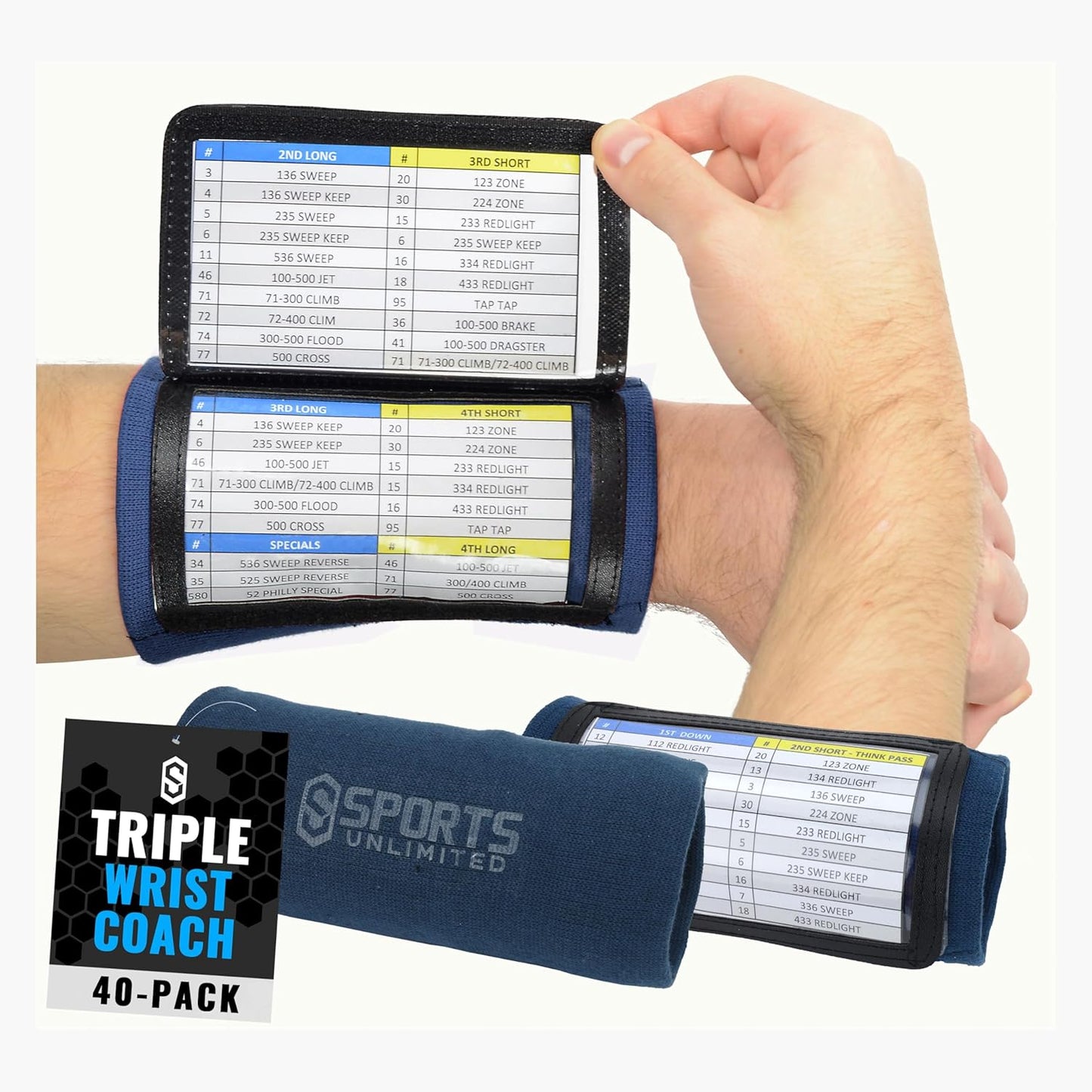 Sports Unlimited Adult Triple Wrist Coach, Football Wristbands for Plays, Baseball Wristbands, QB Arm Bands