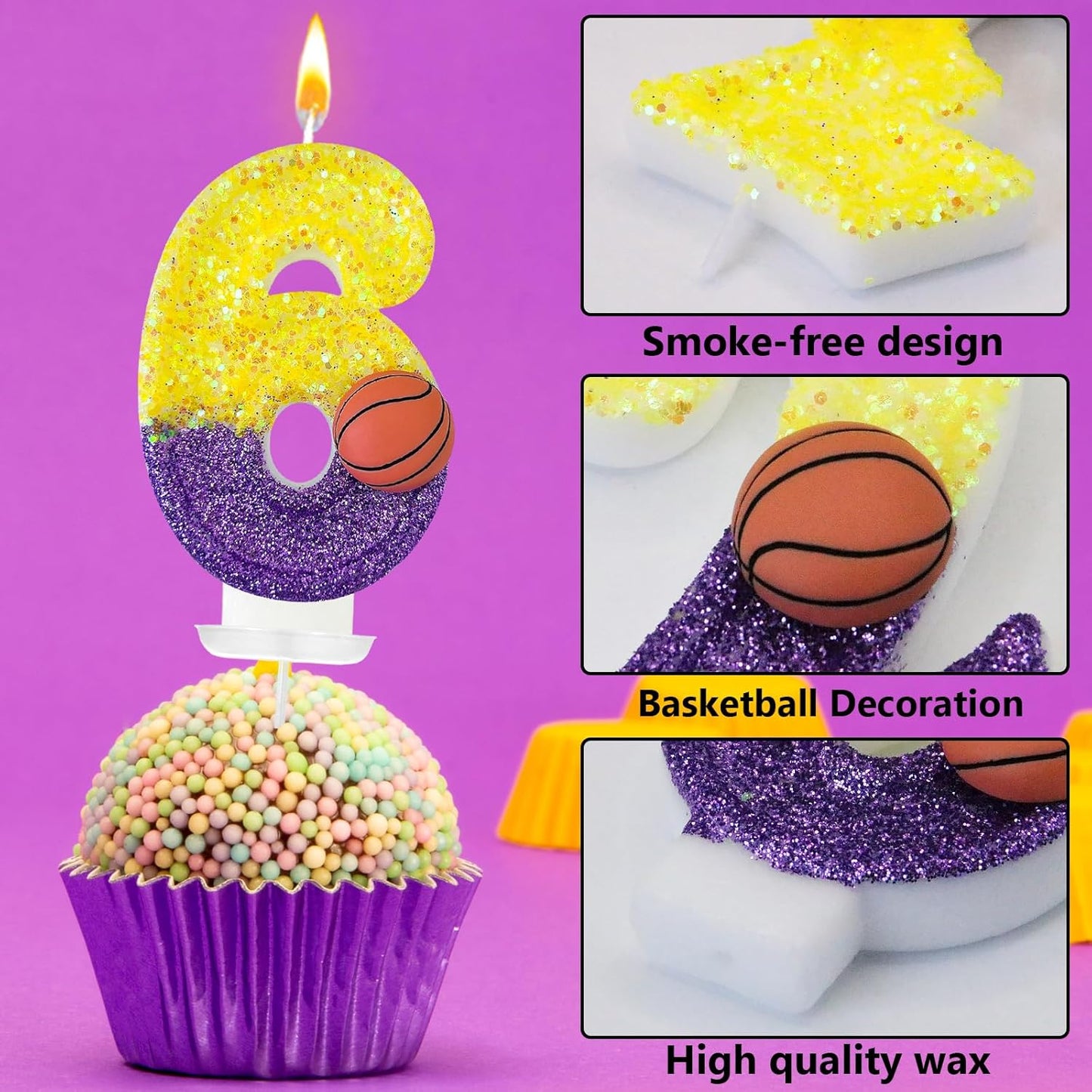 HXOUSE Basketball Number 6 Birthday Candles - Purple Gold Birthday Candles for Cake, 6 Candle for Basketball Theme Cake Topper, Boys Sport Party Decorations Gifts (No.6)
