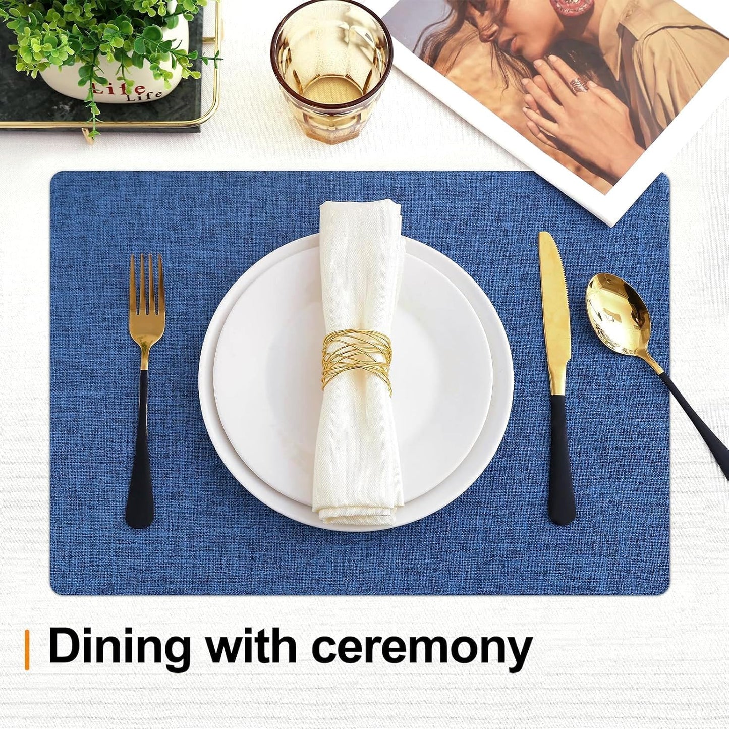 Homaxy Cloths Placemats for Dining Table Set of 12, Heat Resistant Washable Cotton Linen Blend Table Mats, Easy to Clean Place Mats for Indoor Outdoor Party Kitchen Decoration, 13" x 19", Blue
