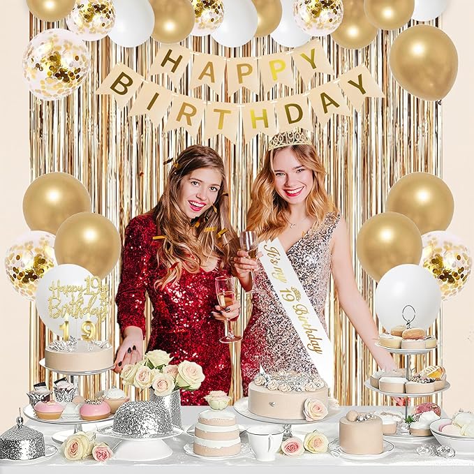 Trgowaul Happy 19th Birthday Decorations for Girls, Banner, Sash and Crown, Cake Topper, 19 Number Balloon, Fringe Curtains, Champagne Gold 19th Birthday Party Supplies