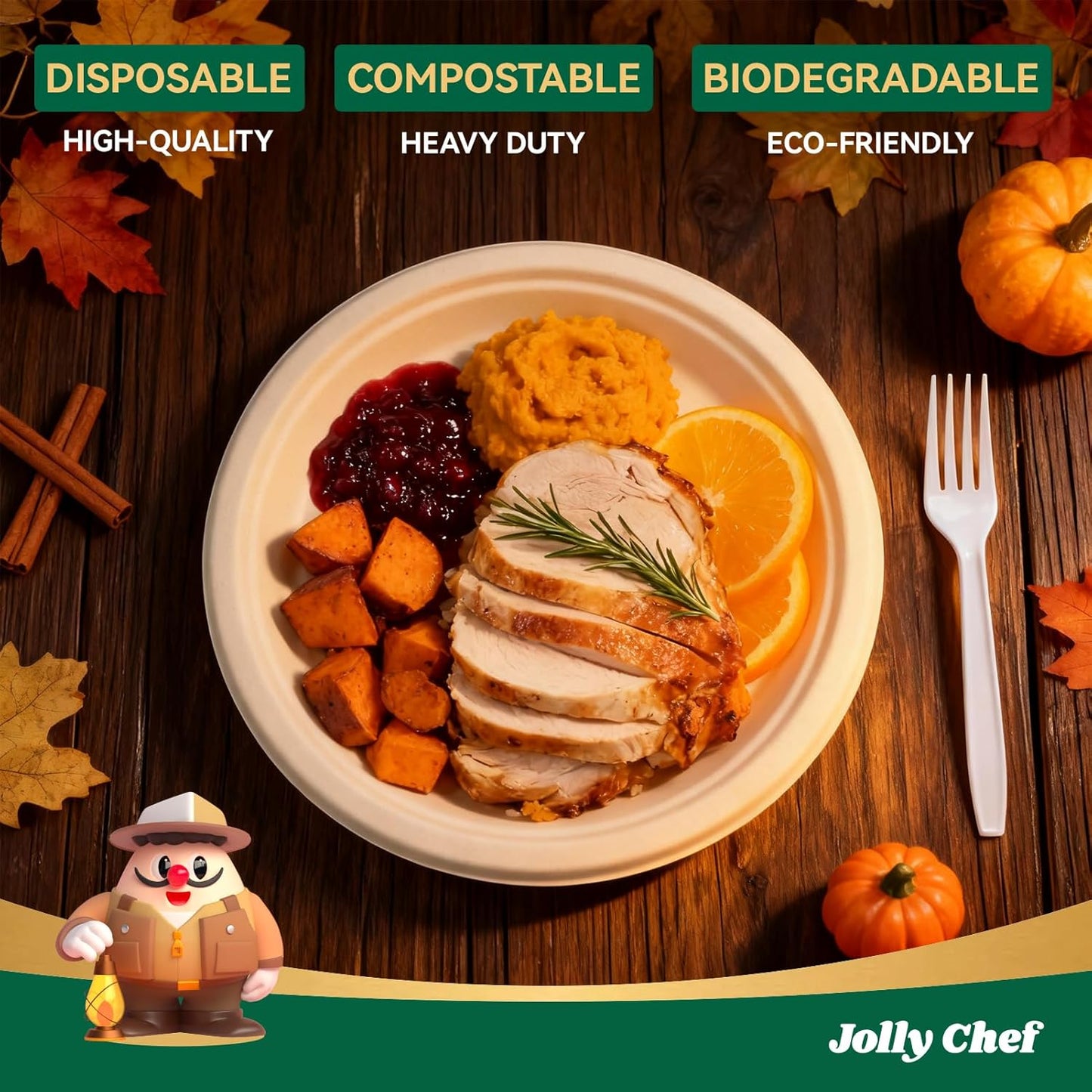 JOLLY CHEF Compostable Heavy Duty Plates 9 Inch [300 Pack] Eco-Friendly Disposable Natural Paper Plates Bagasse Biodegradable Bulk for Party Dinner Sugarcane Fibers Thanksgiving Day (Brown)