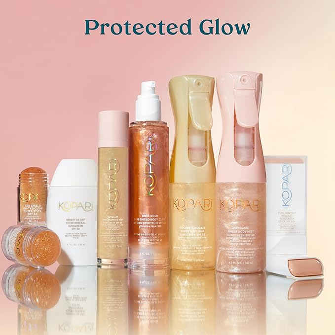 Kopari Sun Shield Body Glow, Broad Spectrum SPF 30, Lightweight Shimmering Gel Texture Absorbs Quickly, Non Sticky, Glowing Results, Golden Amber 5 oz