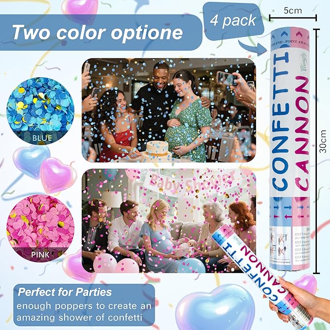 4 Pack Gender Reveal Confetti Cannon, 12 in Blue Round Shaped Paper Party Poppers Cannons, Confetti Poppers For Baby Boy Gender Reveal Baby Showers (Round, Blue)