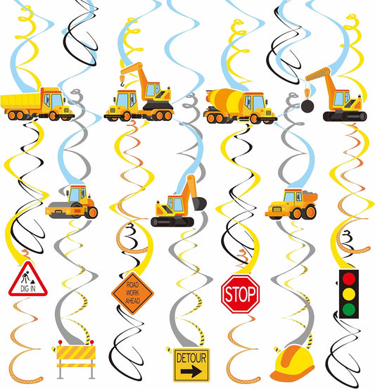 Construction Theme Hanging Swirl Decorations, 36PCS Construction Party Ceiling Streamers with Preassembled Hooks, Trucks, Helmets, Signs & More—for Birthdays, Events, or Work Zone Theme Decor