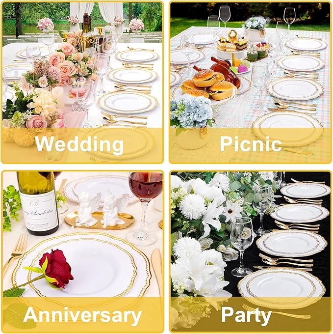 Hioasis 60pcs Gold Plastic Plates - White and Gold Disposable Dinnerware with Gold Rim, Heavy-duty, 7 inch, Dessert Plates for Party & Thanksgiving