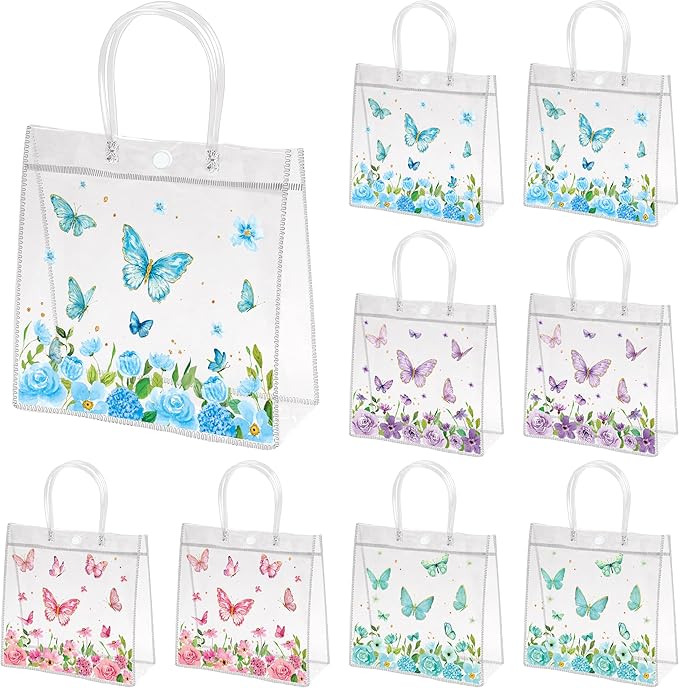 H1vojoxo Spring Butterfly Gift Bags - 24PCS Spring Butterfly Clear PVC Gift Bags with Handle Bulk 7.9x3.2x7.9 Inches Reusable Goodie Snack Treat Plastic Gift Wrap Tote Bag for Baby Shower Wedding