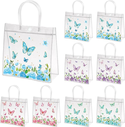 H1vojoxo Spring Butterfly Gift Bags - 24PCS Spring Butterfly Clear PVC Gift Bags with Handle Bulk 7.9x3.2x7.9 Inches Reusable Goodie Snack Treat Plastic Gift Wrap Tote Bag for Baby Shower Wedding