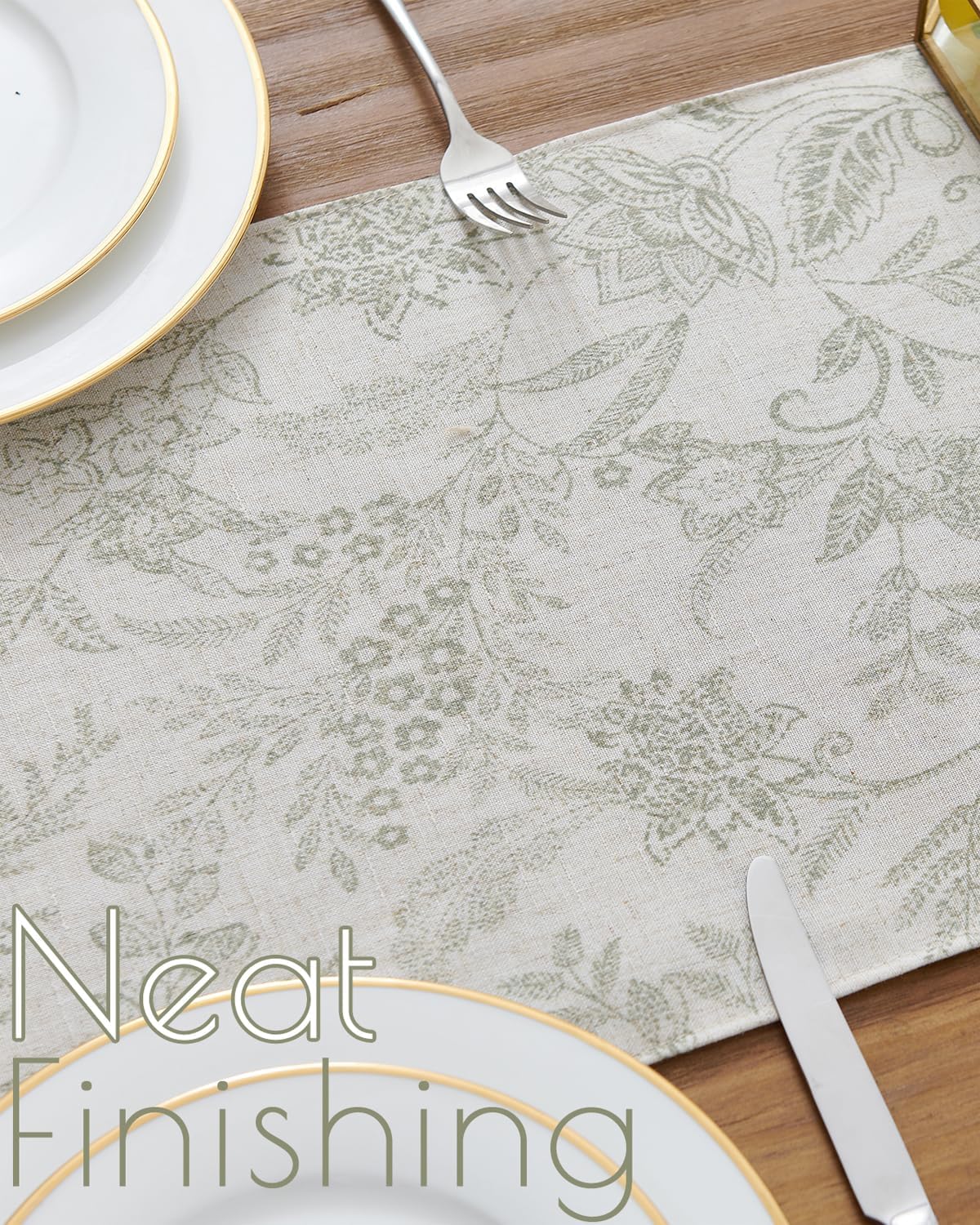 jinchan Spring Table Runner Linen Farmhouse Table Cloth Green Floral Decorative 72 Inch Botanic Printed Burlap Handcrafted Flax Coffee Table Decor 1 Panel Sage Green on Beige